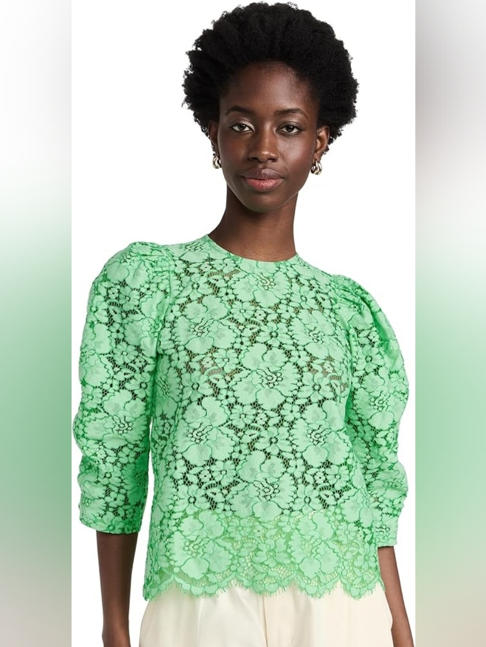 Stella Nova Mint Green Lace Floral Balloon Sleeve Scallop Hem Top Size Medium